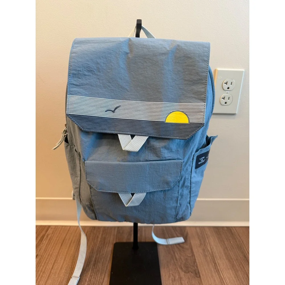 Life is Good x High Sierra Blue Nylon Backpack Sunset Seagull Graphic Travel Bag